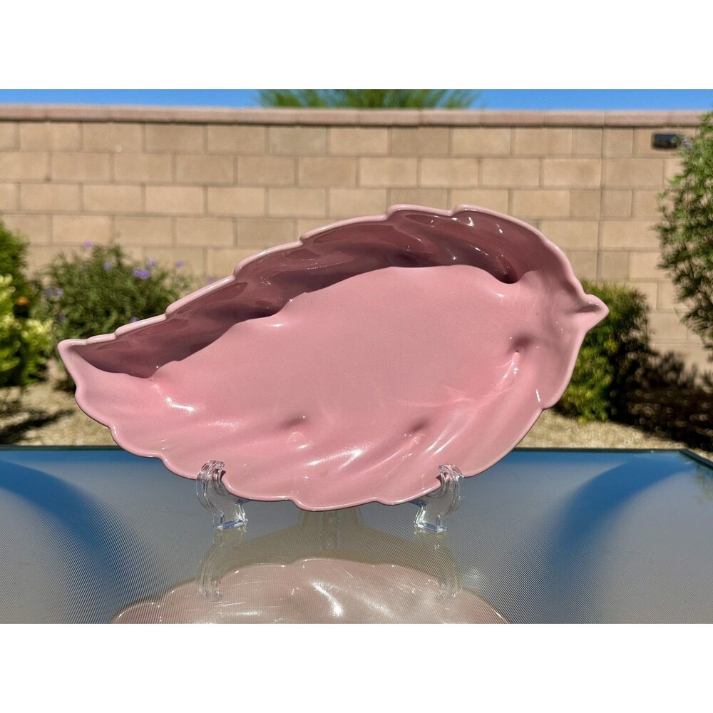 Vintage Frankoma 226 Large Dusty Pink Leaf Dish Footed 12 1/4” Trinket Bowl